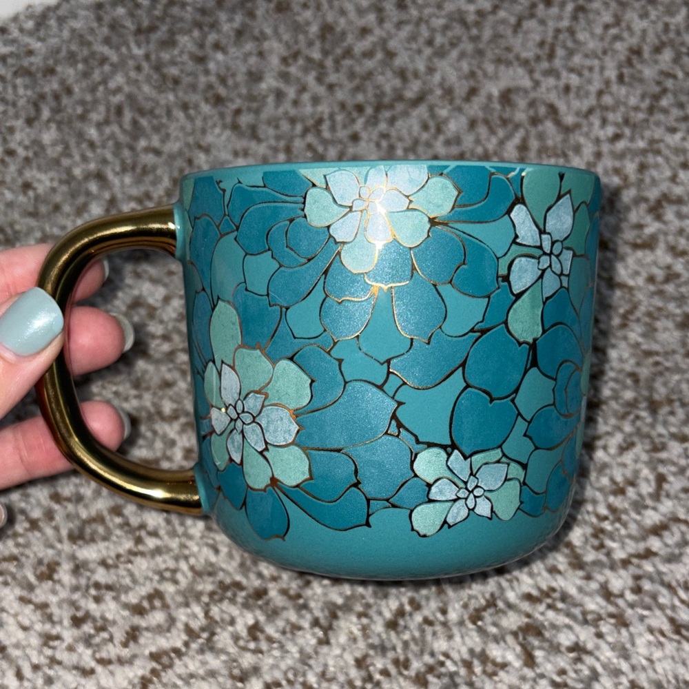 Floral Teal Mug with Gold Handle